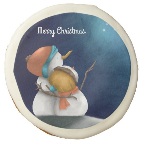 Merry Christmas Cute Couple Snowmen in blue night Sugar Cookie