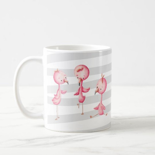 Grey and Pink Flamingo Trio Illustrated Coffee Mug