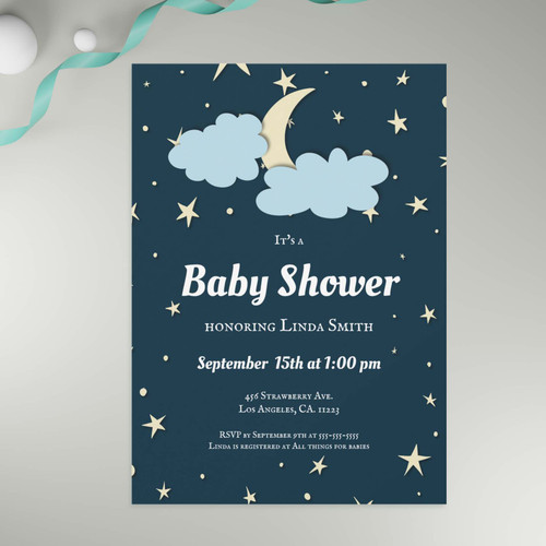 Dark Blue Moon & Stars Elegant Neutral Baby Shower Invitation