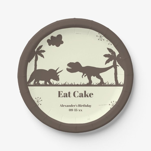 Eat Cake Brown and Yellow Dinosaur Birthday Paper Plates