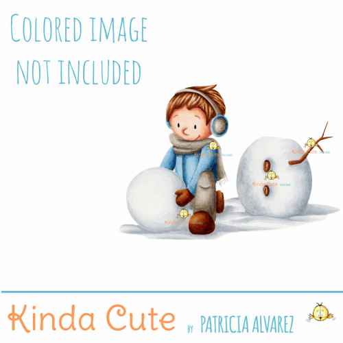 Boy building a snowman digital stamp