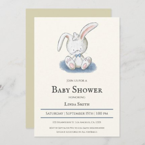 Bunny with Blue Bow Tie Boy Baby Shower Invitation