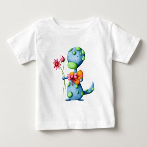 Cute Blue Dinosaur with Flowers and Chocolates Baby T-Shirt