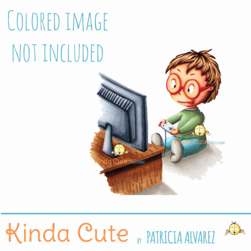 Boy playing video games digital stamp. Black and white only. Colored image only for reference.