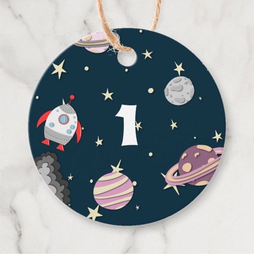Space Ship Stars and Planets Girl First Birthday Favor Tags