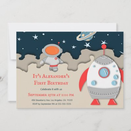 Astronaut in Planet Rocket Ship Space 1st Birthday Invitation 