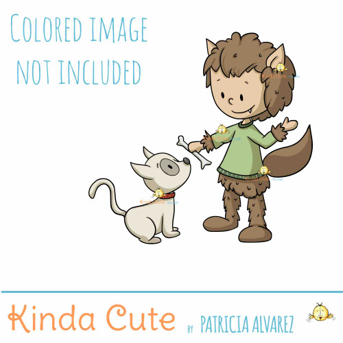 Werewolf Kid with Dog Digital Stamp. Black and white only