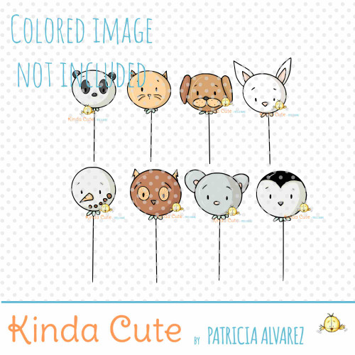 Colored example of a digital stamp set featuring 8 balloon outlines shaped like animal heads, including a panda, cat, dog, rabbit, owl, and snowman.