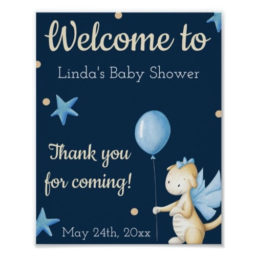 Dragon with Balloon Boy Baby Shower Welcome Poster