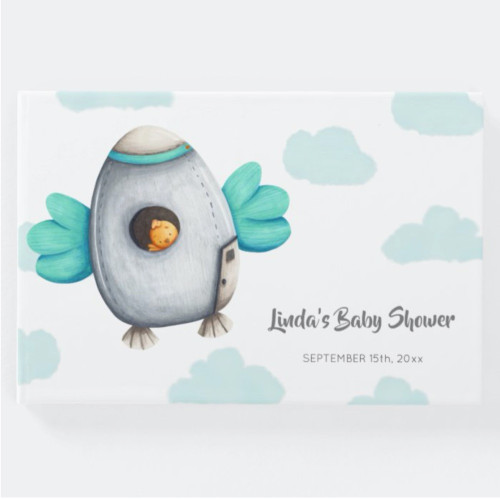 Whimsical Blue Spaceship and Chicken Baby Shower Guest Book