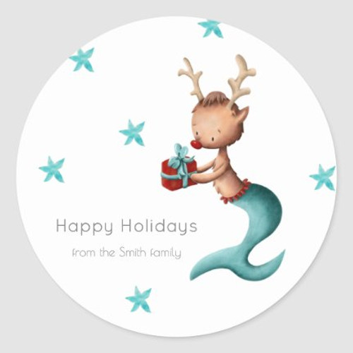 Personalized Reindeer with Present Holiday Classic Round Sticker
