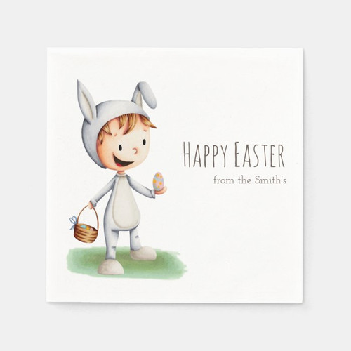 Cute Little Boy in Easter Costume Egg Hunt Custom Napkins