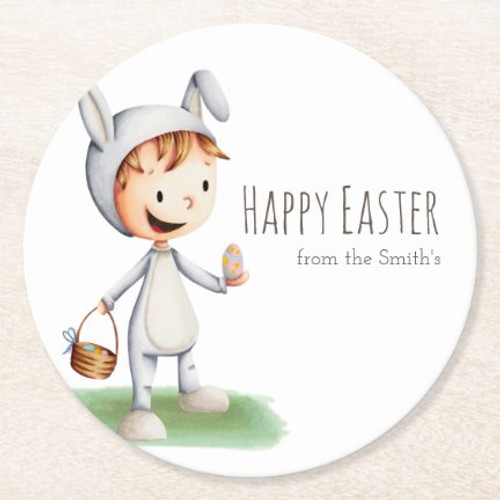 Kid in Easter Bunny Costume Egg Hunt Personalized Round Paper Coaster