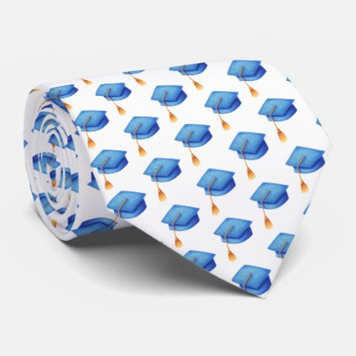 White Blue Graduation Cap Patterned Graduate neck tie