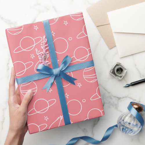 Pink White Planets Asteroid Pattern Birthday Wrapping Paper