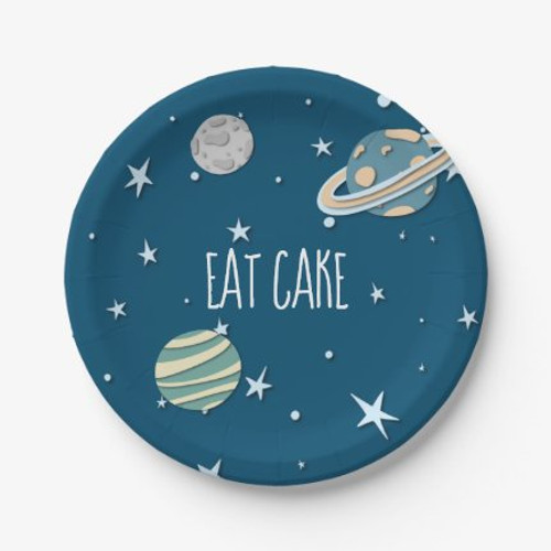 Blue and Green Galaxy with Planets Boy Eat Cake Paper Plates