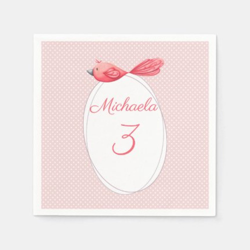 Personalized birthday pink napkins with a bird