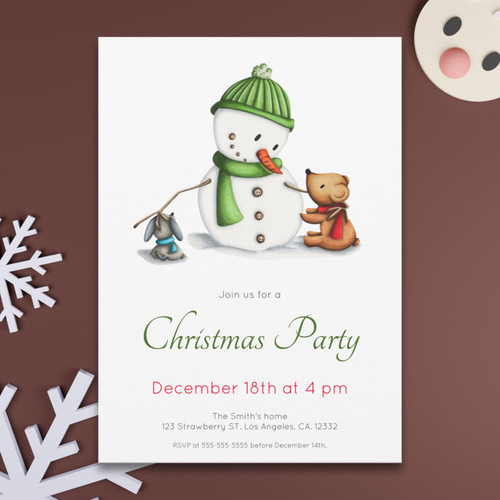 Minimalist Snowman Bear and Dog Friends Christmas Invitation