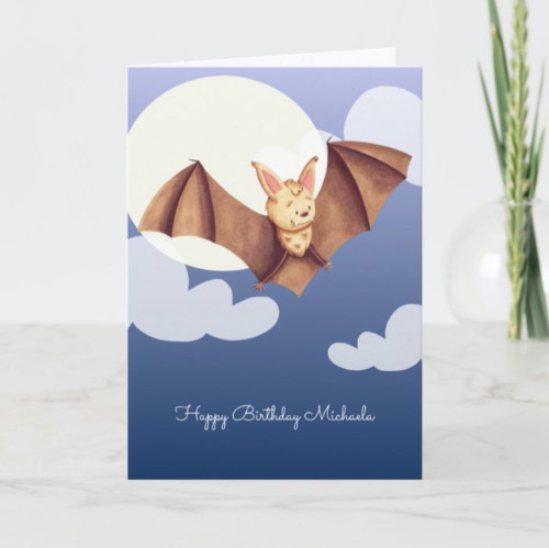 Cute Brown Bat Cartoon Personalized Happy Birthday Card