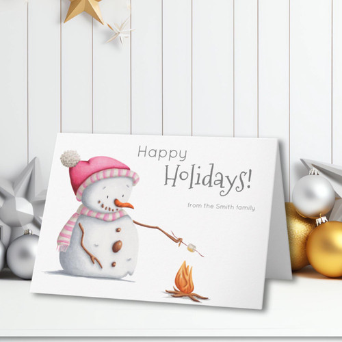 Cute Snowman Roasting Marshmallows Pink Holiday Card