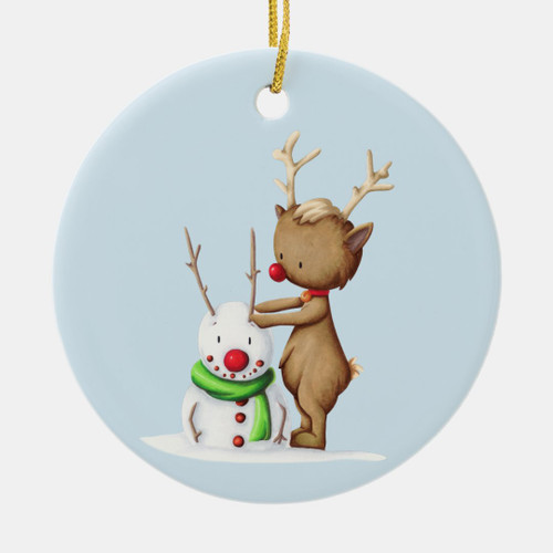 Simple Reindeer Snowman Christmas Ceramic Ornament