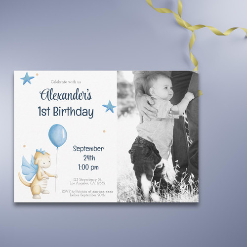 Navy Blue Cream Dragon and Balloon First Birthday