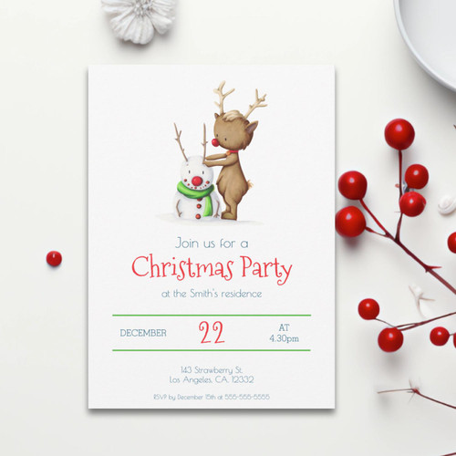 Cute Reindeer and Snowman Christmas Holiday Invitation