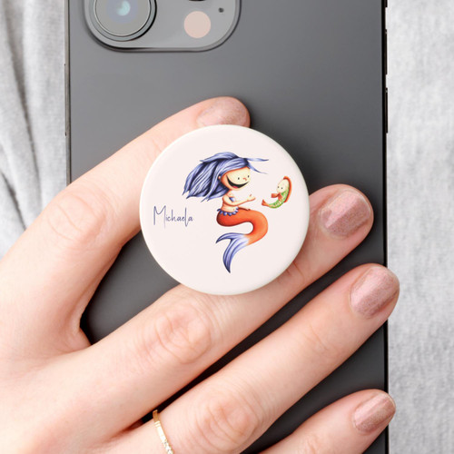 Whimsical Mermaid talking to Fish Add your Name PopSocket