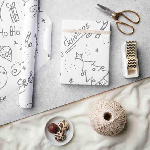 Black and white doodle outline matte wrapping paper for Christmas, perfect to color.