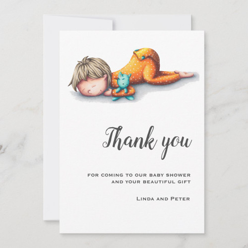 Cute Baby Sleeping Orange Neutral Baby Shower Thank You Card