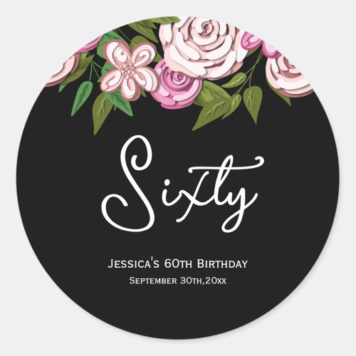 Modern Floral Script 60th Birthday Classic Round Sticker