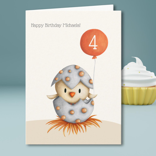 Personalized 4th birthday card with bird and balloon