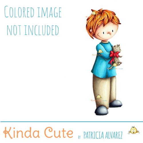 Colored example of a digital stamp line art showing a cute young boy standing with a small cat wearing a decorative ribbon bow.