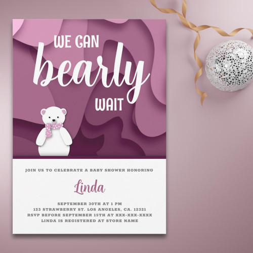 Pink Girl We Can Bearly Wait Baby Shower Invitation