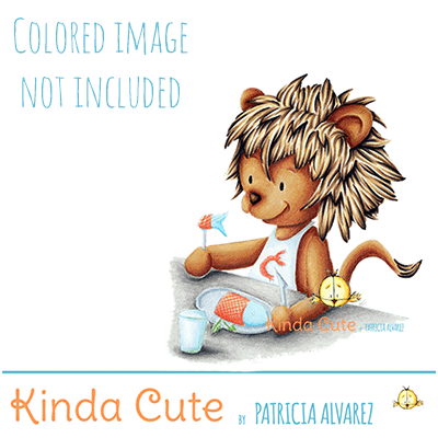 Lion eating fish digital stamp. Black and white only. Colored only for reference.