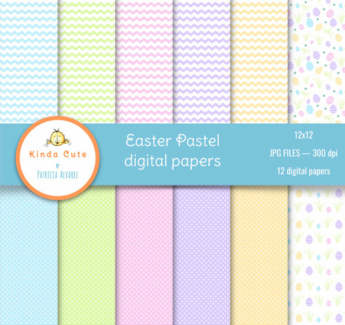 Spring and easter digital papers in pastel colors. Chevron, dots and easter eggs.