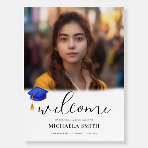 Modern Script Blue Cap Photo Graduation Welcome Foam Board