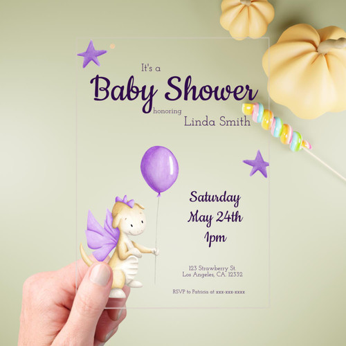 Cute Baby Dragon Purple Girl Baby Shower Acrylic Invitations