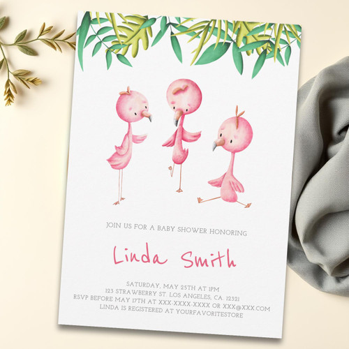 Simple Tropical Flamingo Triplets Baby Shower Invitation