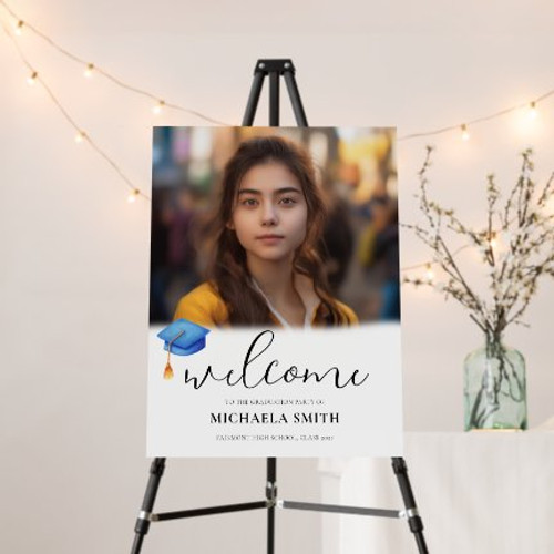 Modern Minimalist Blue Cap Photo Graduate Welcome Foam Board