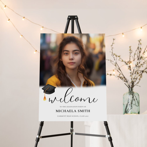 Modern Script Black Cap Photo Graduation Welcome Foam Board