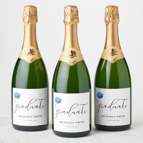 Modern Blue Graduation Cap Script Graduate Sparkling Wine Label