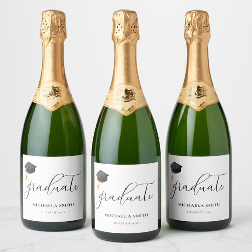 Modern Black Graduation Cap Script Class of 2025 Sparkling Wine Label