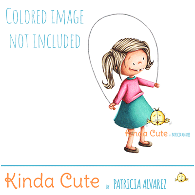 Girl and jumping rope digital stamp. Black and white only. Colored image only for reference.