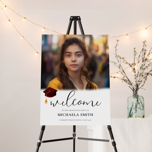 Modern Script Maroon Cap Photo Graduation Welcome Foam Board
