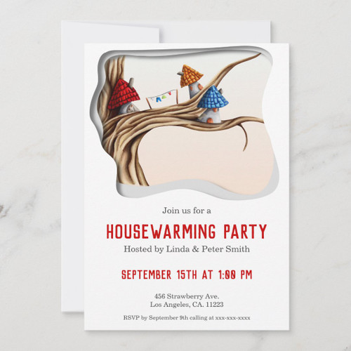 Whimsical Fairy Houses on a Tree Housewarming Invitation