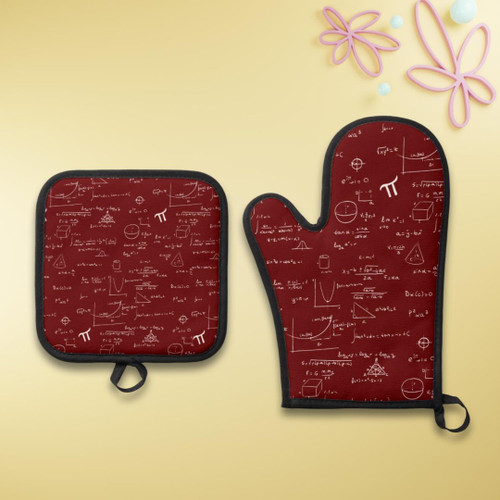 Maroon Math Formulas Equations Pattern Oven Mitt & Pot Holder Set