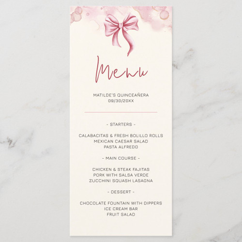 Elegant Pink Bow Quinceañera Menu