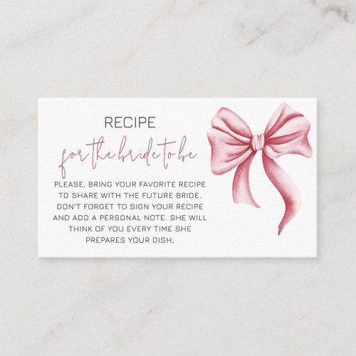 Modern Pink Bow Recipe Bridal Shower Enclosure Card