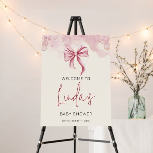 Simple Pink Bow Watercolor Baby Shower Welcome Foam Board